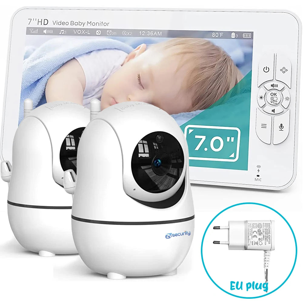 7.0 Inch Video Baby Monitor HD Split Screen with 2 Cameras Pan Tilt 4X Zoom 2 Way Audio Night Vision No Wifi 4000Mah Battery