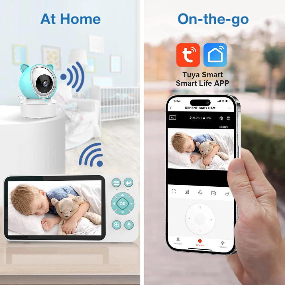 Tuya Smart Wifi Baby Cry Sound Detection Audio Video Baby Monitor PTZ Infrared 5Inch Monitor Camera 1080P Phone APP Remote View