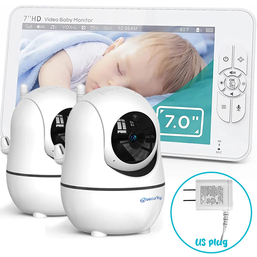 7.0 Inch Video Baby Monitor HD Split Screen with 2 Cameras Pan Tilt 4X Zoom 2 Way Audio Night Vision No Wifi 4000Mah Battery